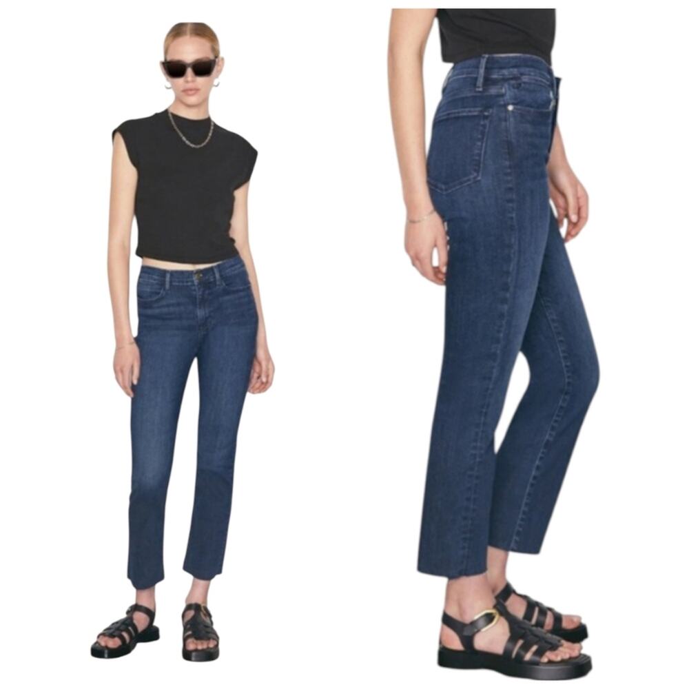 FRAME Le High Straight Jeans 34 Naples Dark Wash Raw Hem High Rise Crop  J1782